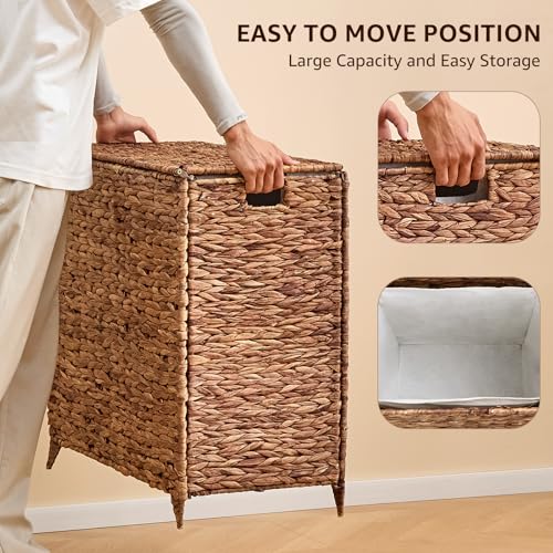 Large Laundry Hamper with Lid and 2 Removable Liner Bags, Natural Handwove Water Hyacinth Clothes Hamper,Wicker Laundry Basket, Foldable, Heightened Feet,Rattan Clothes Laundry Basket - color: Espresso, size: 120L