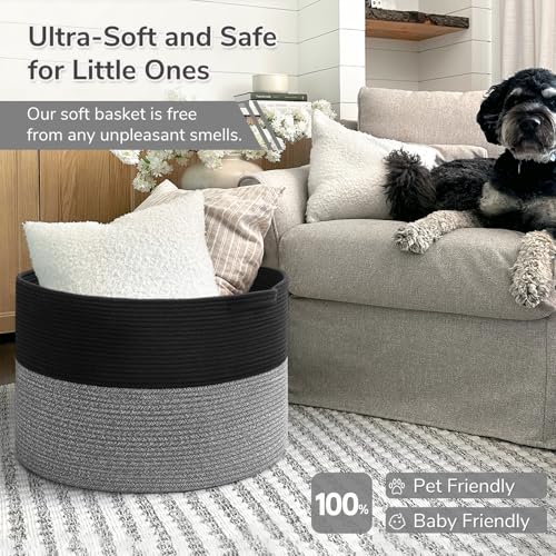 INDRESSME XXXLarge Woven Rope Blanket Basket Living Room Black Grey - color: Black & Grey, size: 21.7"D x 13.8"H