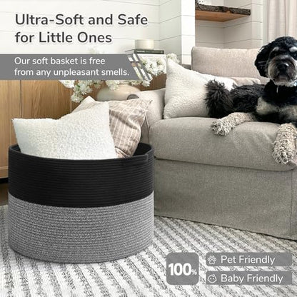 INDRESSME XXXLarge Woven Rope Blanket Basket Living Room Black Grey - color: Black & Grey, size: 21.7"D x 13.8"H