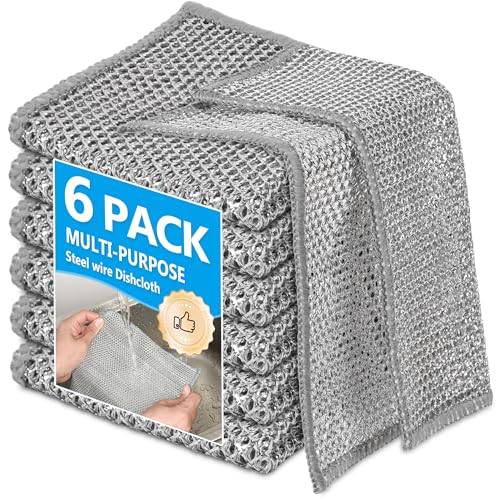 6Pack Multipurpose Wire Dishwashing Rags, Upgrade Non Scratch Wire Dishcloth, for Wet and Dry Use, Reusable Metal Microfiber Cleaning Cloths for Home/Kitchen/Stove - color: Silver, size: 7.87 x 7.87Inch - 6PACK