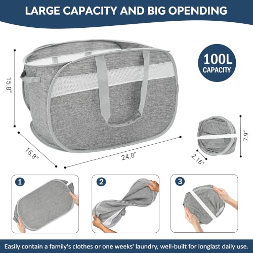 100L Collapsible Laundry Baskets, Foldable Dual Handles Laundry Hamper Grey - color: 100L Gray