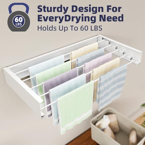 ZMBESUP Wall Mounted Drying Rack 31.5 Inch White, Foldable Retractable Clothes Drying Rack for Laundry Room Organization, Heavy Duty Space Saving Laundry Rack for Apartment Bathroom, 60lb Capacity - size: 31.5"