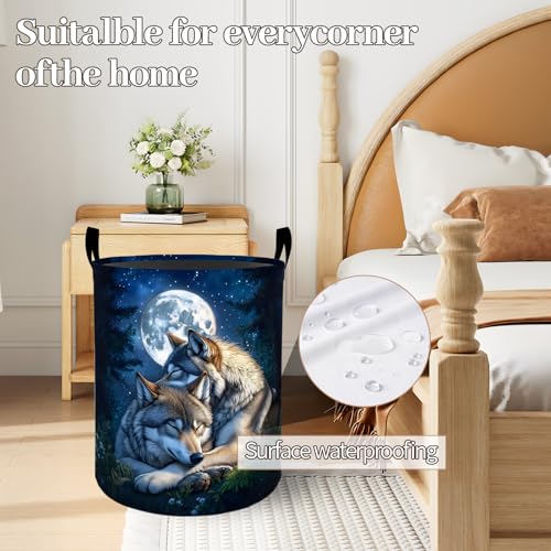 Romantic Wolf Moonlit Night Laundry Basket 19.7"x15.7", Collapsible Dirty Clothes Waterproof Laundry Hamper Organizer Storage Bin for Dorm Bedroom Bathroom Decor - style: Wolf05