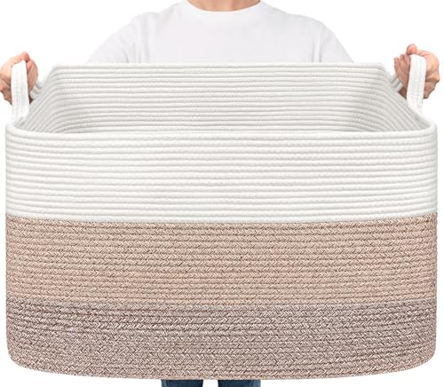 Goodpick Large Woven Blanket Basket 23.6" x 15.7" x 13.8" Cotton Rope Storage Organizer for Dirty Clothes Pillows, Soft Toy Storage Basket for Nursery Home Decor, White & Light Brown - color: Light Brown, size: X-Large(23.6"L x 15.7"W x 13.8"H)