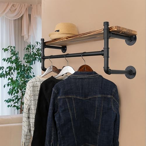 WEBI Wall Mounted Clothes Rack with Shelf,32" Industrial Pipe Clothing Rack with Shelves,Heavy Duty Iron Garment Rack Bar,Retail Display Clothes Rod for Clothes,Laundry Room,Black - color: Black, size: 32 Inch