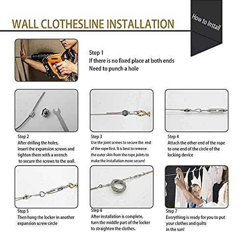 MHY 10Ft Heavy Clotheslines,Outdoors 304 Stainless Steel Clothes Line,Heavy Duty Cable Wire Rope with Retractable System，Windproof Clothes Rope for Outdoor/Indoor/Home/Drying/Curtain Hanging - size: 10ft