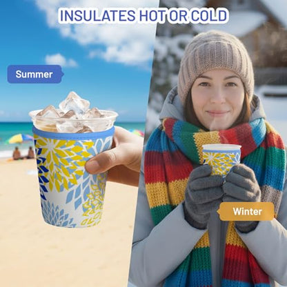 Iced Coffee Sleeve Reusable Neoprene Cup Sleeves, Blue Flower - color: Blue Yellow Flower
