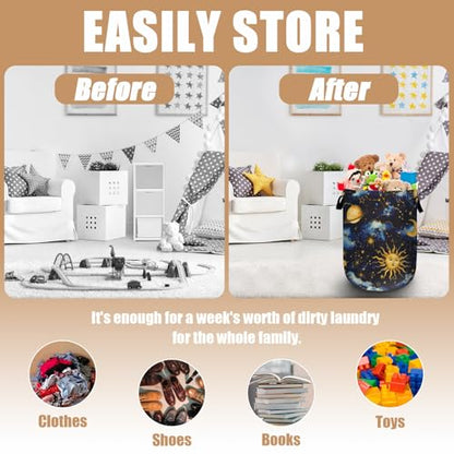 Sun Moon Laundry Basket, Foldable Cloudy Starry Night Laundry Hamper Tote Bag Dirty Clothes Storage Bucket Organizer for Bathroom/Laundry/Bedroom 15.7"x19.6" - color: Beautiful Sun Stars Moon