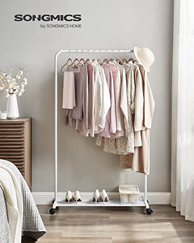 SONGMICS Clothes Rack with Wheels, Metal Garment Rack, Mesh Storage Shelf - color: White, style: Single Rod
