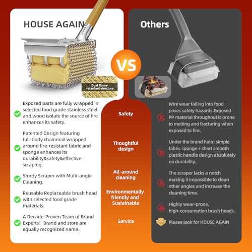 HOUSE AGAIN Grill Brush Bristle Free with Scraper, Safe Steam Cleaned Replaceable Head Fire Resistant Grill Cleaning Brush Strong Barbecue Brush Cleaner Non Wire for Outdoor Grill Grate/Wooden Handle - size: Grill Brush