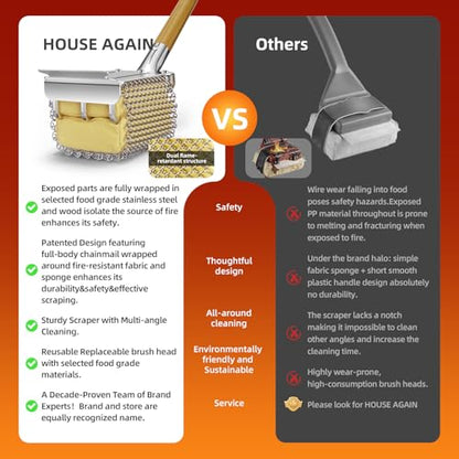 HOUSE AGAIN Grill Brush Bristle Free with Scraper, Safe Steam Cleaned Replaceable Head Fire Resistant Grill Cleaning Brush Strong Barbecue Brush Cleaner Non Wire for Outdoor Grill Grate/Wooden Handle - size: Grill Brush