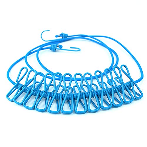 AKOAK 1 Pack Multi-Function Outdoor Home Clothesline Travel Portable Windproof Non-Slip Drying Rope 12 Clip (Blue) - color: Blue