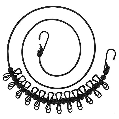 Portable Travel Clothesline, Adjustable Elastic Travel Camping Retractable Clothesline with 12pcs Clips for Outdoor and Indoor Use (Black) - color: Black
