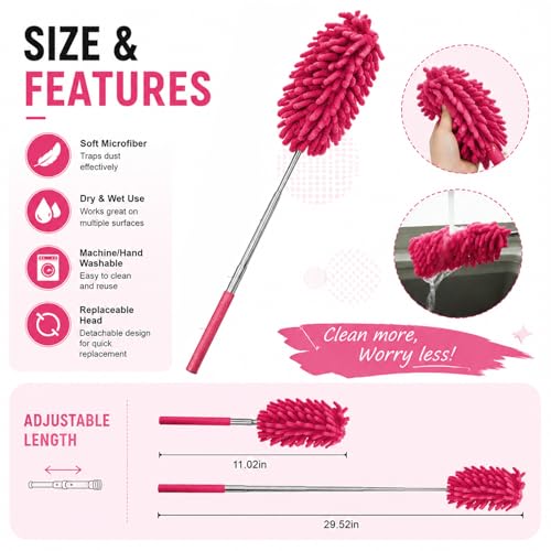 Microfiber Feather Duster with 30 in Telescoping Pole, Washable Chenille Head for Ceiling Fans, Blinds and Furniture, Pink - color: Pink