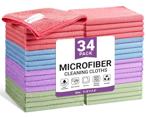 SIFANGKE Microfiber Cleaning Cloth, 34 Pack Assorted Color Cleaning Rags for Housekeeping, Colorful Reusable Microfiber Towels for Car, Kitchen, Bathroom and Household Cleaning Supplies, 11.8"X11.8" - color: A.multicolor, size: 1 Count (Pack of 34)