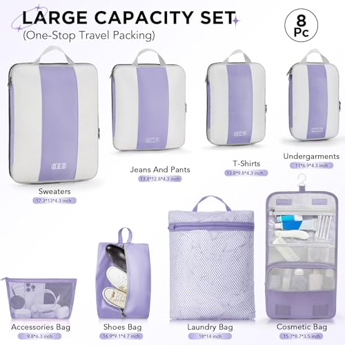 OlarHike 8 Set Compression Packing Cubes for Travel Essentials,Compressible Expandable Space Saver Bags for Organizing Clothes,Luggage Suitcase Garment Bags with Over 1000 pcs Mesh Holes(Purple Gray) - color: Purple Gray