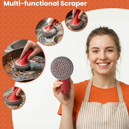 Cast Iron Scrubber with Long Handle Dish Scouring Pad Chainmail Cleaner - color: Red, 1 Scrubber + 1 Scraper