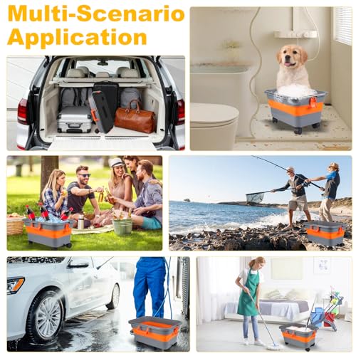 Collapsible Bucket with Wheels and Handle 5.8 Gallon, Drain Plug and Water Outlet, Portable Water Storage Foldable Carts for Mop Cleaning, Camping, RV, Pet Bathing, Fishing, Car Washing