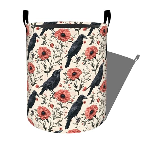 Elegant Crow with Red Flowers Laundry Basket, Dorm Nursery Foldable Gothic Laundry Hamper Organizer for Bathroom Decor, Toy Clothes Storage Box for Bedroom 19.7x15.7 Inch - style: Crow04