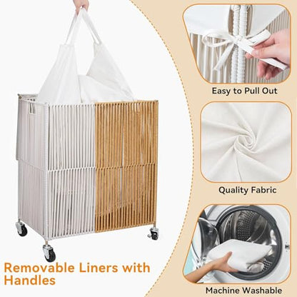 WOWLIVE Rolling Laundry Basket Wheels, Handwoven Laundry Hamper with Lid - color: White and Natural, size: 115L(22 x 13 x 26.4 Inches)