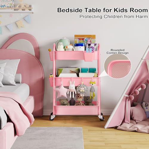 3 Tier Rolling Storage Cart Metal with Wheels, Pink Three Tiered Craft Cart - color: Soft Pink