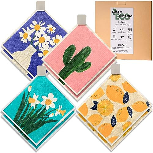 Eulnars Swedish Dishcloths for Kitchen, 8 Pack Reusable Paper Towels with Clips, Non-Scratch Swedish Dish Towels, Super Absorbent Cellulose Sponge Cloths, Assorted - color: Lemon Flower