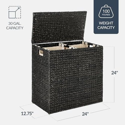 Best Choice Products Large Laundry Hamper with Lid, Natural Handwoven Hyacinth Laundry Basket, W/Removeable & Washable Liner Bag, Portable, Handles, 30 Gallon (114 liters) - Black - color: Black, size: Large, 114L