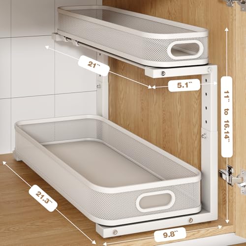 2 Pack 21.3IN-Depth Under Sink Organizer with Smooth Cylindrical Rail,2-Tier Pull Out Multi-Purpose Cabinet Storage for Bathroom&Kitchen,Height Adjustable,Rust-Resistant Coating-White - color: White, size: 2 Pack-21.3"Dx11"-16.14"H