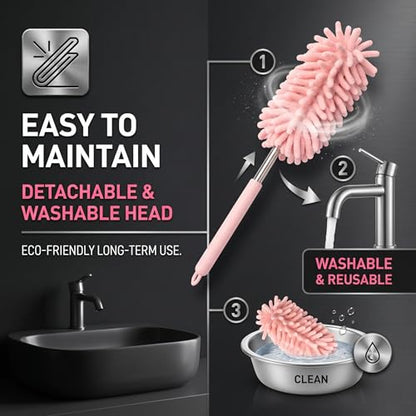 2 PCS Car Interior Duster with Extension Pole, Microfiber Bendable Head Telescopic Cleaning Tool, Scratch Free for Vehicle Interior & Exterior, Universal for Most Cars, Trucks, SUVs (Pink)
