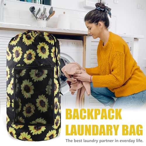 Olosar Laundry Bag Backpack, Extra Large Travel Laundry Bag with Mesh Pocket & Adjustable Shoulder Straps,Dirty Clothes Travel Bag for College Students Dorm,Apartment(Sunflower) - color: Sunflower, size: 1Pack