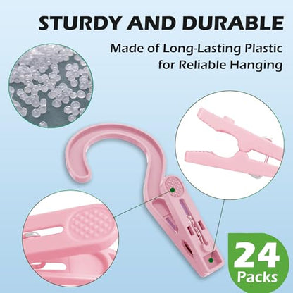 24pcs Laundry Hooks with Clips Super Strong Plastic Clothes Hangers Pins - color: Pink 24pcs