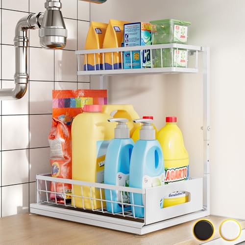 Under Sink Organizer, 1-Pack L-Shaped Metal Pull-Out Drawers for Kitchen - color: White, size: 1 Pack
