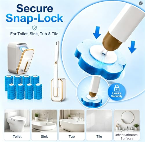 Disposable Toilet Brush and Holder Set with 48 Refill Heads, Hygienic Disposable Brush Head, Wall Mountable Space Saver, No-Touch Handle Operation for Bathroom Cleaner