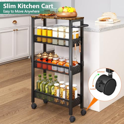 Vivihomety 4-Tier Slim Utility Rolling Laundry Cart with Wheels, Metal - color: Black, size: 7.1 inch wide