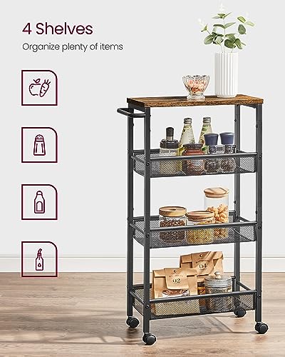 VASAGLE 4-Tier Slim Rolling Storage cart with Wheels, 8.7 Inches, Metal - color: Rustic Brown + Classic Black, size: 4 Tiers (8.7"D x 30.3"H)