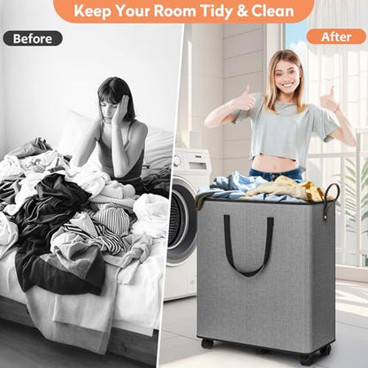 SpaceTrove Rolling Laundry Basket with Wheels, Laundry Hamper, 136L, Grey - color: Grey, size: 136L