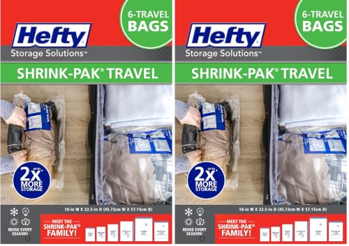 Hefty Shrink-Pak Large Travel Bags - Airtight Storage Bags for Maximum Space Saving, Travel Essentials, Ideal for Packing, Durable, Reliable Compression with Sealed Protection (Pack of 2) - size: 6 Large Travel Bags (Pack of 2)