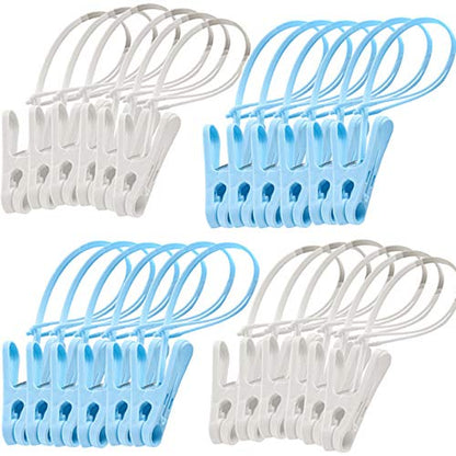 24Pcs Clothes Pins with Plastic Rope, Clothesline Drying Clothing Clips - color: Blue,white-24pack
