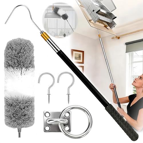Attic Pull Down Hook with Duster, Extendable Pole for Attic Ladders