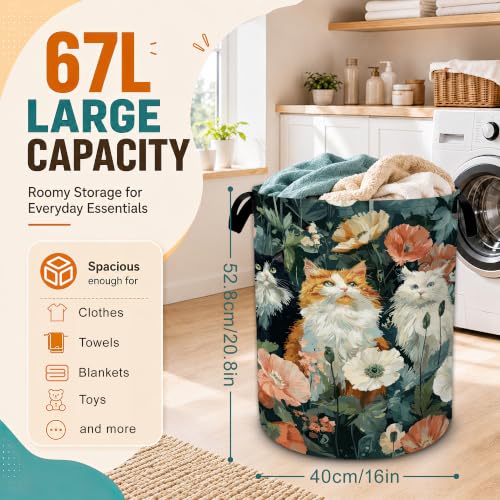 Cute Cat Laundry Basket,Poppy Flowers Foldable Oxford Laundry Hamper with Handles,Collapsible Clothes Storage Basket for Bedroom,Bathroom,or Laundry Room,20.8 x 16 Inches - color: Cute Cat Poppy Flowers