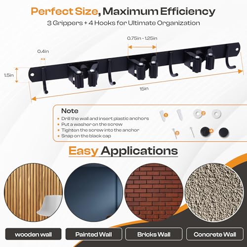 Stainless Steel Broom Holder Wall Mount, 3 Racks & 4 Hooks - size: 3 Racks & 4 Hooks