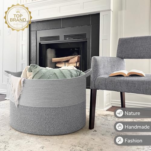 INDRESSME 115L Extra Large Woven Rope Blanket Basket Living Room, Grey - color: Light & Dark Grey, size: 23.6"D x 15.7"H