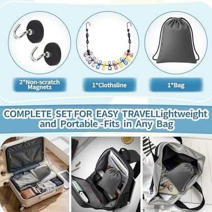 Magnetic Clothes Line for Cruise Ship, Upgraded Magnetic Travel Clothesline Essential, 2Pack Super Rubber Non-Scratch Magnets, Portable Clothesline for Cruise Ships Cabin, Hotel, RV and Camping