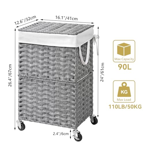 Chrislley Wicker Laundry Basket with Wheels,Rolling Laundry Hamper with Lid - color: Grey