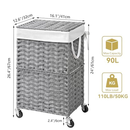 Chrislley Wicker Laundry Basket with Wheels,Rolling Laundry Hamper with Lid - color: Grey