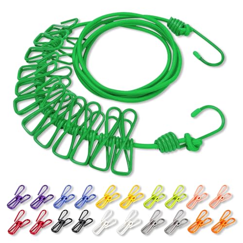 Portable Adjustable Clothesline with Built‑in 12 Solid‑Color Clothespins & 20 Separate Colorful Clips, Laundry Line for Indoor Outdoor Travel Camping Hotel Use (Green) - color: Green & 20 Colorful Clips(non‑windproof)