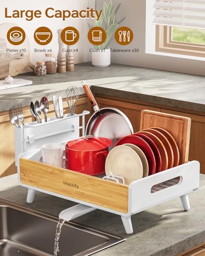 Urackify Bamboo Dish Drying Rack for Kitchen Counter, Stainless Steel,White - color: White, size: 1 Tier