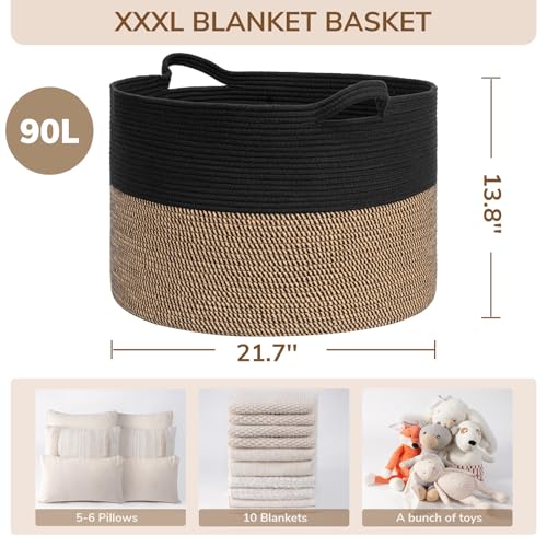 INDRESSME XXXLarge Woven Rope Blanket Basket Living Room Mix Black, 90L - color: Black & Mix Camel, size: 21.7"D x 13.8"H