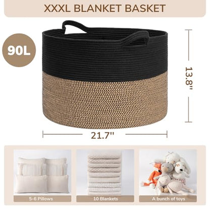 INDRESSME XXXLarge Woven Rope Blanket Basket Living Room Mix Black, 90L - color: Black & Mix Camel, size: 21.7"D x 13.8"H