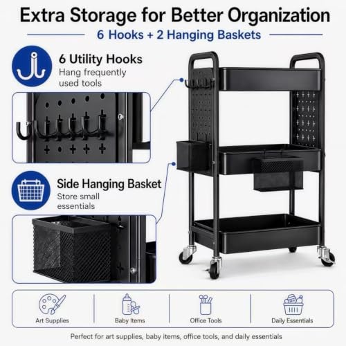 3 Tier Black Rolling Storage Cart Metal with DIY Pegboard and Wheels - color: Black